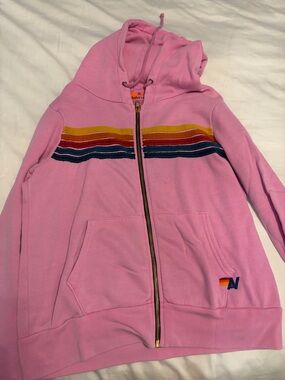 Aviator Nation Pink Zip Hoodie with Rainbow Chest Stripes